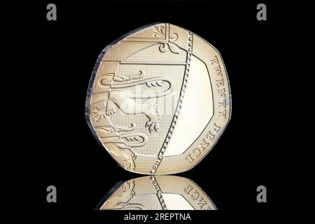 2015 20-Pence-Münze, die 5. Niedrigste Stückelung der britischen Währung Stockfoto