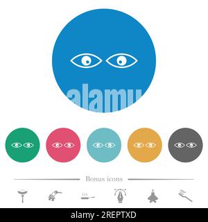 Augen sehen, wie flache weiße Symbole auf runden farbigen Hintergründen umrandet werden. 6 Bonus-Symbole enthalten. Stock Vektor