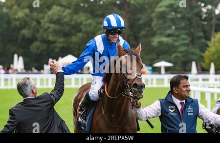 Ascot, London, Großbritannien. 29. Juli 2023 Hukum und Jockey Jim Crowley gewinnen die 2023 King George VI und Queen Elizabeth QIPCO Stakes für Trainer Owen Burrows und Eigentümer Shadwell Estate Company Limited in Ascot Racecourse, Berkshire, Großbritannien. Kredit: JTW Equine Images/Alamy Live News Stockfoto