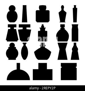 Parfümflaschen-Set. Schwarze Silhouetten. Vektorillustrastrationen und Symbole auf weißem Hintergrund. Stock Vektor