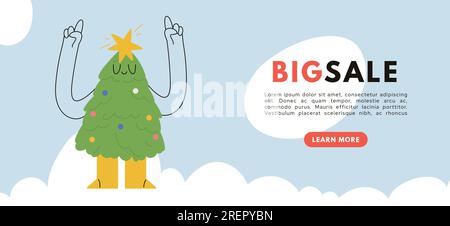 Spezielles Weihnachtsangebot auf Bannern, Postern und Flyern. Hintergrund mit festlichem Baum, Winterthemen und Weihnachtslogo für Neujahrsangebote. Flach ve Stock Vektor