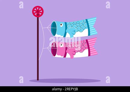 Grafik flaches Design Zeichnung japanische Karpfenschlangen flattern im blauen Himmel im Frühsommer Logo, Icon, Label, Symbol. Traditionelle japanische Kultur Stockfoto