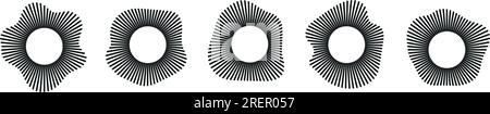 Klang in Wellenformen, kreisförmigen Designs, Kreisen von Audiomusik, runden Stimmen in Symbolen, Logos für Equalizer, radiales Spektrum, ringförmige Muster. Flach Stock Vektor
