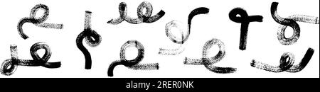 Handgezeichnete Linien und Pinselstriche, Kritzeleien und Kritzeleien mit Bleistift. Verschnörkelte abstrakte Kreise, texturierte und wirbelnde Skizzen, Kurvenmuster. Flach Stock Vektor