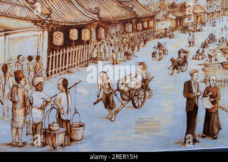 Thian Hock Keng Wandbild des singapurischen Künstlers Yip Yew Chong in der Amoy Street, Singapur Stockfoto