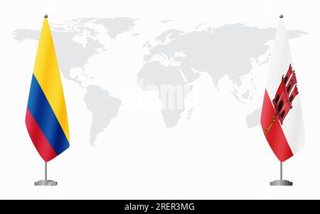 Flaggen Kolumbiens und Gibraltars für offizielles Treffen vor dem Hintergrund der Weltkarte. Stock Vektor