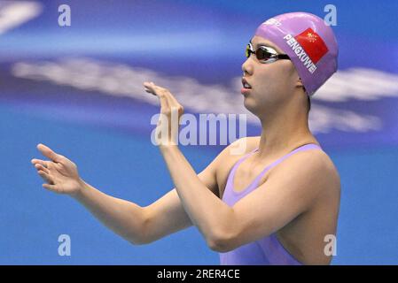 Fukuoka, Japan. 29. Juli 2023. Peng Xuwei aus China reagiert vor dem Frauen-Backstroke-Finale 200m bei der World Aquatics Championships in Fukuoka, Japan, am 29. Juli 2023. Kredit: Xu Chang/Xinhua/Alamy Live News Stockfoto