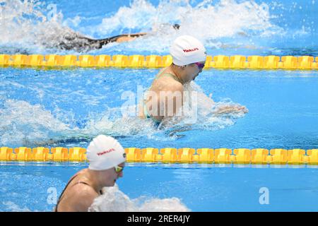 Fukuoka, Japan. 29. Juli 2023. Tang Qianting aus China tritt am 29. Juli 2023 bei der Wasserweltmeisterschaft in Fukuoka, Japan, beim Halbfinale des Frauen-Brustschlags 50m an. Kredit: Xu Chang/Xinhua/Alamy Live News Stockfoto