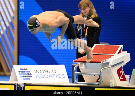 Fukuoka, Japan. 29. Juli 2023. FUKUOKA, JAPAN - 29. JULI: Nyls Korstanje aus den Niederlanden nimmt am 16. Tag der Fukuoka 2023 World Aquatics Championships in der Marine Messe Fukuoka Halle A am 29. Juli 2023 in Fukuoka, Japan, am 100m. Teil. (Foto: Nikola Krstic/BSR Agency) Kredit: BSR Agency/Alamy Live News Stockfoto