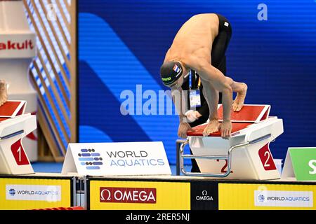 Fukuoka, Japan. 29. Juli 2023. FUKUOKA, JAPAN - 29. JULI: Nyls Korstanje aus den Niederlanden, bevor es am 16. Tag der Fukuoka 2023 World Aquatics Championships in der Marine Messe Fukuoka Halle A am 29. Juli 2023 in Fukuoka, Japan, in der Men's 100m Butterfly teilnahm. (Foto: Nikola Krstic/BSR Agency) Kredit: BSR Agency/Alamy Live News Stockfoto