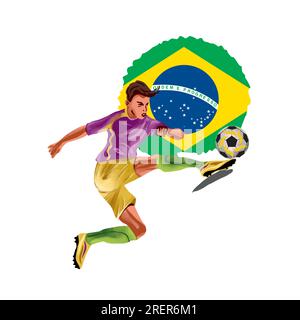 Ein Fußballspieler tritt den Ball auf dem Hintergrund der brasilianischen Flagge. Vektordarstellung. Sportbanner, Flyer, Einladungen, Kleidung. Stock Vektor