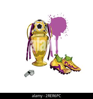 Fußballschuhe, Pfeife, Champion Cup, Ball. Vektordarstellung eines Fußballsets. Sportbanner, Flyer, Einladungen, T-Shirt-Design. Stock Vektor