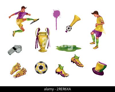 Fußballschuhe, Ball, Pfeife, Fansmütze und Pfeife, Fußballspieler, Champion Cup, Handschuhe. Vector-Fußballset. Sportbanner, Flyer, Einladungen. Stock Vektor