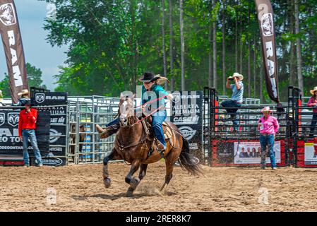 Canada Rodeo. ERIN ONTARIO RAM RODEO - am 22-23. Juli fand in Erin, Ontario, ein Rodeo-Wettbewerb statt. Pferde und Stiere reiten. Pferdeslalom. Stockfoto