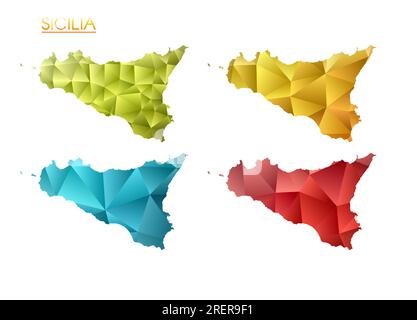 Gruppe von polygonalen Vektorkarten von Sizilien. Helle Farbverlaufskarte der Insel im niedrigen Poly-Stil. Stock Vektor