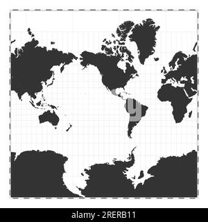 Vector-Weltkarte. Sphärische Mercator-Projektion. Geografische Karte mit Breiten- und Längengraden. Zentriert auf 120deg E-Längengrad. Vecto Stock Vektor