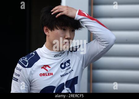 Stavelot, Belgien. 29. Juli 2023. Yuki Tsunoda von AlphaTauri am Ende des Sprintrennens des Großen Preises von Belgien F1 im Spa Francorchamps am 29. Juli 2023 in Stavelot, Belgien. Kredit: Marco Canoniero/Alamy Live News Stockfoto