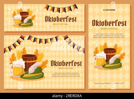 Oktoberfest Deutsches Bierfestival Hintergrund, vertikale und horizontale Bannersammlung. Grüner Hut, Bierbecher, Holzfass, deutsche Farben festliche Girlande, Weizen, Blätter. Hellgelbes Rhombus-Muster Stock Vektor