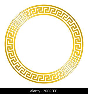 Einfaches schlängeliges Muster, goldfarbener Kreisrahmen. Dekorativer runder Rand, aus Linien, geformt zu einem sich wiederholenden Motiv. Griechisches Schlüsselmuster. Stockfoto