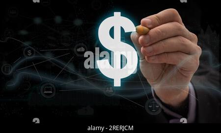 Unternehmer unternehmen Art der modernen Tasten mit virtuellen Hintergrund Stockfoto