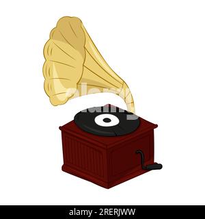 Oldtimer-Grammophon mit Vinylaufnahme auf Disc. Gramophone Schallplatten zeichnen Retro-Spieler isoliert auf weißem Hintergrund auf. Stock Vektor