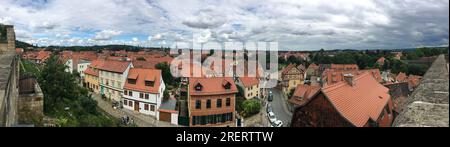 Panoramablick über die Dächer der Altstadt von Quedlinburg, Deutschland Stockfoto