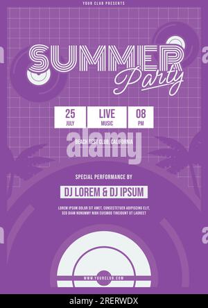 Sommer Party Vaporwave Retro 90s Art modernes Future Flat Design Flyer mit violettem Hintergrund und Objekt Element Vinyl Aufnahme cd Compact Disc für Live Stock Vektor