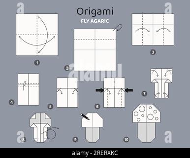 Origami-Tutorial für Kinder. Origami, süße Fliege, agarisch Stock Vektor