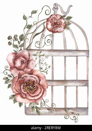 Handbemalter, rostiger Vintage-Vogelkäfig in Aquarell mit roten Rosen, Blumenstrauß und grünem Blattzweig. Provence-Style-Illustration. Unkrautkarte invi Stockfoto