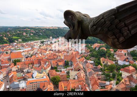 Gargoyle mit Blick auf die roten Dächer der antiken Stadt Meissen Stockfoto