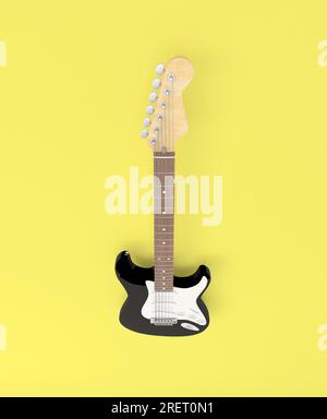 Farbenfrohe Gitarre auf abstraktem weißem Hintergrund von oben gesehen. Abstraktes musikalisches Bild, ideal für Gitarrenabhängige, professionelle Gitarristen, gitarrenmusik Stockfoto