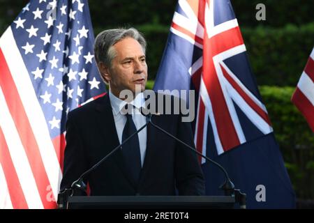 Brisbane, Australien. 29. Juli 2023. US-Außenminister Tony Blinken beantwortet eine Frage während einer Pressekonferenz im Anschluss an die 33. jährlichen australisch-US-Ministerkonsultationen am 29. Juli 2023 in Brisbane, Australien. Kredit: Chuck Kennedy/USA Außenministerium/Alamy Live News Stockfoto