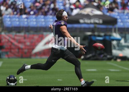 Baltimore, MD, USA. 29. Juli 2023. Baltimore Ravens P Jordan Stout (11) nimmt am Trainingslager im M&T Bank Stadium in Baltimore, MD, Teil. Foto/ Mike Buscher/Cal Sport Media (Kreditbild: © Mike Buscher/Cal Sport Media/Cal Sport Media). Kredit: csm/Alamy Live News Stockfoto