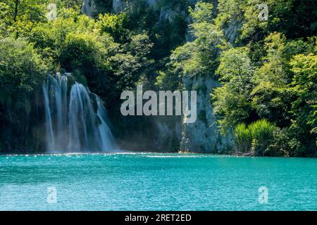 Einer der vielen Wasserfälle im Nationalpark Plitivicer Seen in Kroatien, der in das türkisblaue Wasser eines Sees darunter fällt Stockfoto