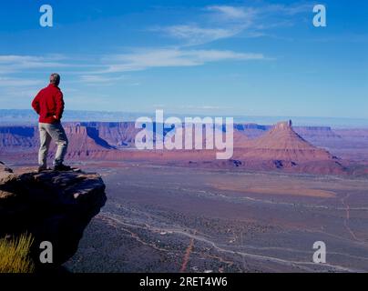 Blick vom Porcupine Rim zum Castle Valley mit Castleton Tower, Wanderer, Wanderer, Besucher, Colorado Riverway, Utah, USA Stockfoto