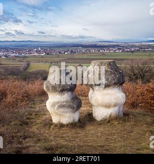 Skulptur Zwillinge mit Dorf im Hintergrund Stockfoto