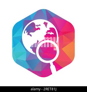 Vektorsymbol für Logos der Globus-Suche. Kombination aus Welt- und Lupenlogo. Stock Vektor