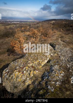 Wechselndes Wetter mit Regenbogen auf den Hügeln von Rust im Burgenland Stockfoto