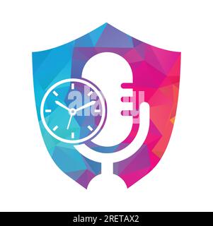 Design-Vorlage für Podcast Time Vector Logo. Logo-Symbol für MIC Clock Vector. Stock Vektor