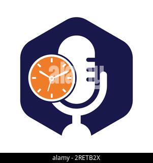 Design-Vorlage für Podcast Time Vector Logo. Logo-Symbol für MIC Clock Vector. Stock Vektor