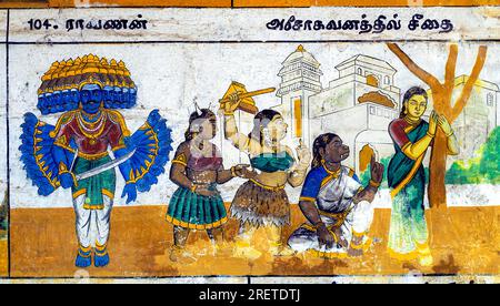 Ramayana: Epische Wandgemälde im Ramasamy Vishnu-Tempel in Kumbakonam, Tamil Nadu, Indien, Asien. Ravana, Sita Stockfoto