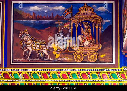 Sri Krishna predigt Bhagavad Gita nach Arjuna, Gemälde an der Tempeldecke in Iraniyur in der Nähe von Karaikudi, Tamil Nadu, Südindien, Indien, Asien Stockfoto