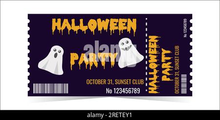 Layout der Halloween Party-Ticket-Vorlage. Gruselige und süße Geister auf dunklem Hintergrund. Horizontales, farbenfrohes Design für Veranstaltungen. Das Konzept des Urlaubs. Vektorillustration. Stock Vektor