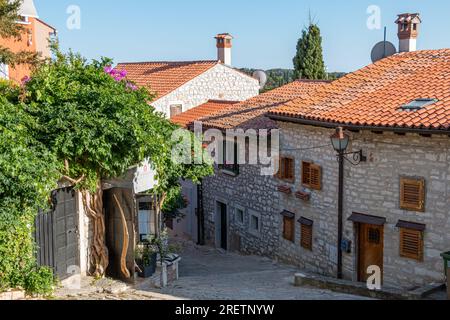 Ruhige Kopfsteinpflasterstraße mit alten, rot überdachten, mediterranen Häusern in der alten istrischen Stadt Rovinj, Kroatien Stockfoto