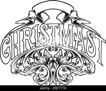 Wunderbares „Merchandise christmas“-Abzeichen mit florierenden Verzierungen Vektorabbildungen für Ihr Arbeitslogo, Merchandise-T-Shirt, Aufkleber und Etikettenbeschreibung Stock Vektor