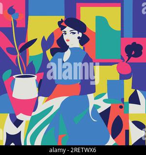 Flaches Vektordesign Matisse-Style-Illustration einer Frau in einer entspannten Pose. Die Abbildung zeigt kräftige Farben und einfache Formen Stock Vektor