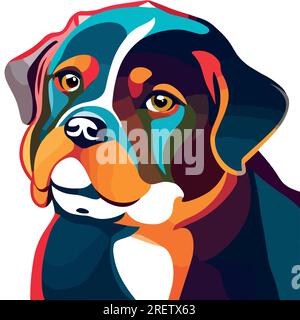 Einfache Hundevektordarstellung. Süßer und freundlicher brauner Hund mit schwarzen Flecken und Kragen. Flaches Design mit minimalen Details und leuchtenden Farben. Stock Vektor