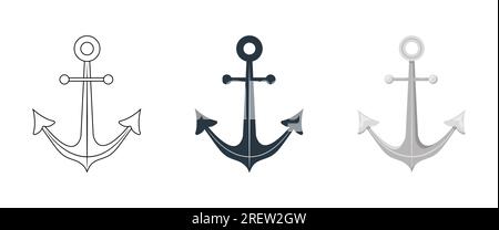 Ankersymbole festgelegt. Marinelogo. Nautische Symbole isoliert auf weißem Hintergrund. Vektordarstellung im Umriss-, flachen und Cartoon-Stil Stock Vektor