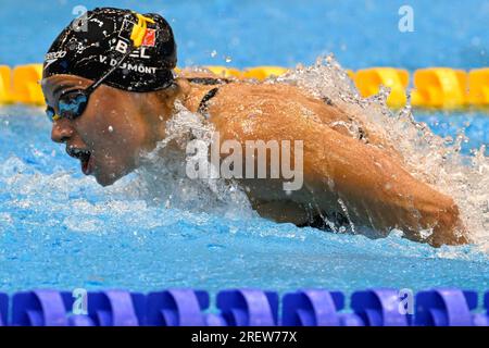 Fukuoka, Japan. 30. Juli 2023. Der belgische Valentine Dumont wurde am Sonntag, den 30. Juli 2023, bei der Wasserweltmeisterschaft in Fukuoka, Japan, während der 4x100-m-Medley-Staffel für Frauen in Aktion gezeigt. BELGA FOTO NIKOLA KRSTIC Credit: Belga News Agency/Alamy Live News Stockfoto