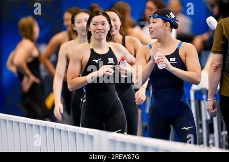 Fukuoka, Japan. 30. Juli 2023. Athleten des Teams Japan reagieren nach der Teilnahme an den 4x100 m langen Medley Relay Women Heats während der 20. World Aquatics Championships in der Marine Messe Hall A in Fukuoka (Japan) am 30. Juli 2023. Kredit: Insidefoto di andrea staccioli/Alamy Live News Stockfoto